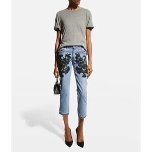 Le Superbe womens 27 boho beaded light wash distressed blue crop denim jeans